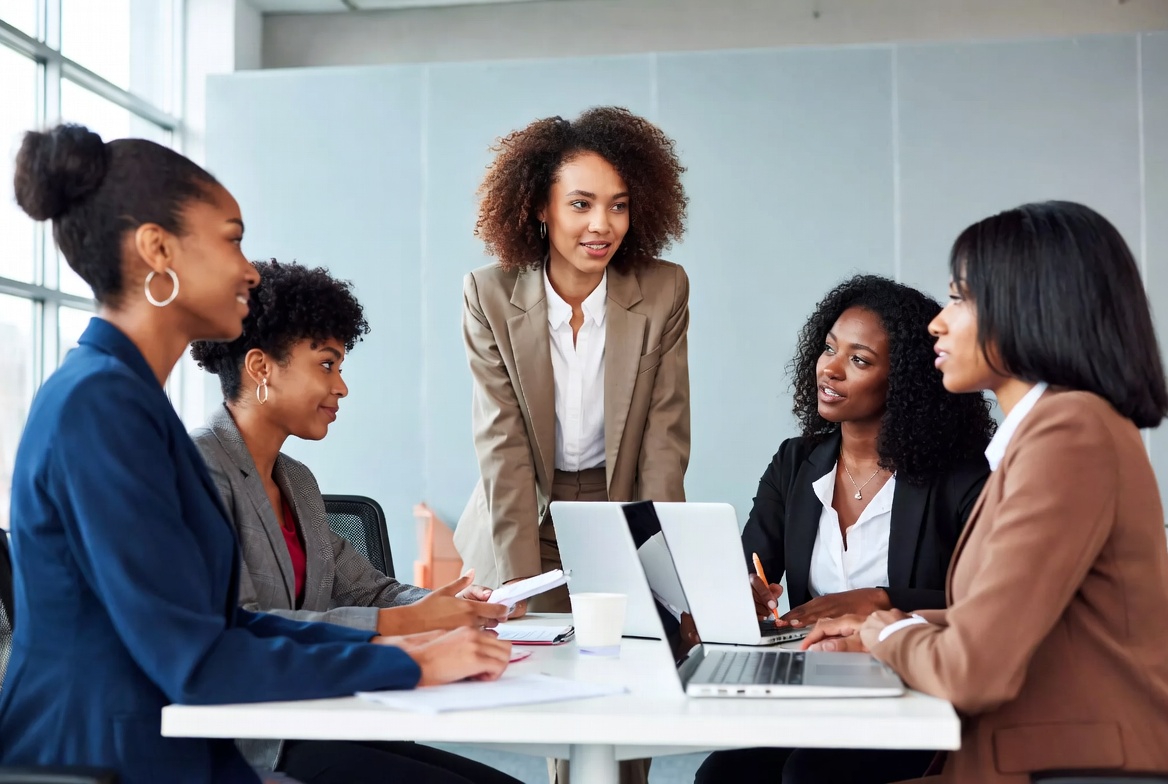 Black women in professional meeting discussing wealth building